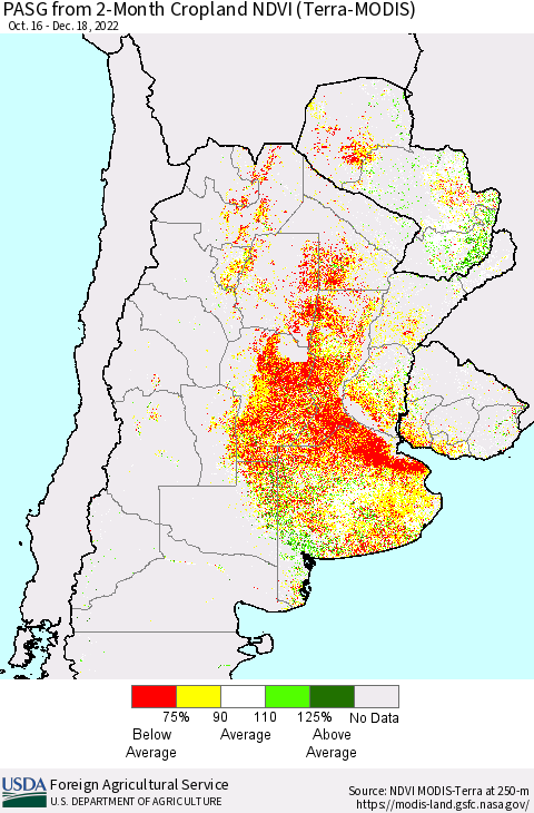 Southern South America PASG from 2-Month Cropland NDVI (Terra-MODIS) Thematic Map For 12/11/2022 - 12/20/2022