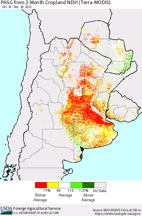 Southern South America PASG from 2-Month Cropland NDVI (Terra-MODIS) Thematic Map For 12/21/2022 - 12/31/2022