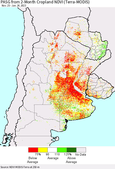 Southern South America PASG from 2-Month Cropland NDVI (Terra-MODIS) Thematic Map For 1/17/2023 - 1/24/2023