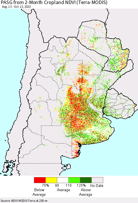 Southern South America PASG from 2-Month Cropland NDVI (Terra-MODIS) Thematic Map For 10/8/2023 - 10/15/2023