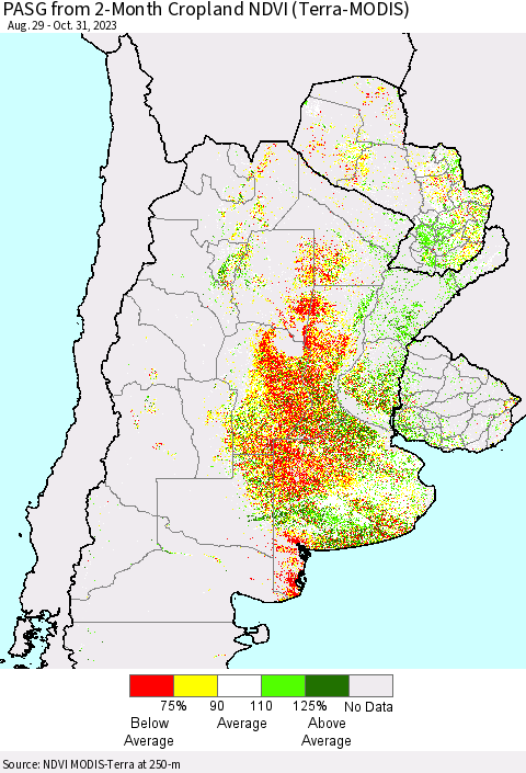 Southern South America PASG from 2-Month Cropland NDVI (Terra-MODIS) Thematic Map For 10/24/2023 - 10/31/2023