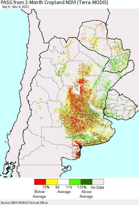 Southern South America PASG from 2-Month Cropland NDVI (Terra-MODIS) Thematic Map For 11/1/2023 - 11/8/2023