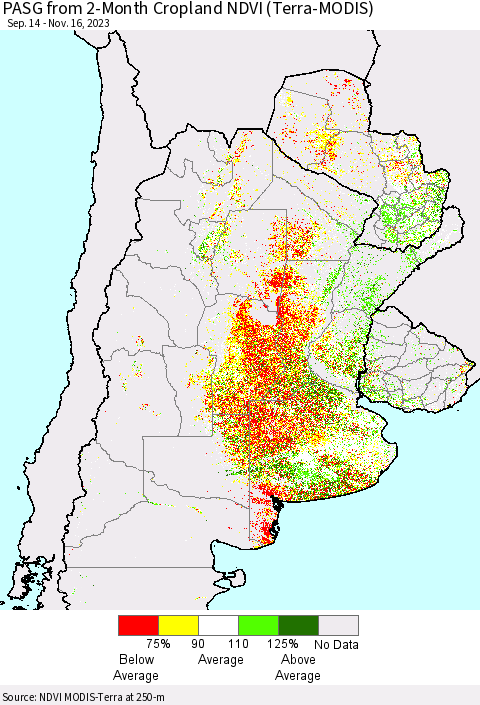 Southern South America PASG from 2-Month Cropland NDVI (Terra-MODIS) Thematic Map For 11/9/2023 - 11/16/2023