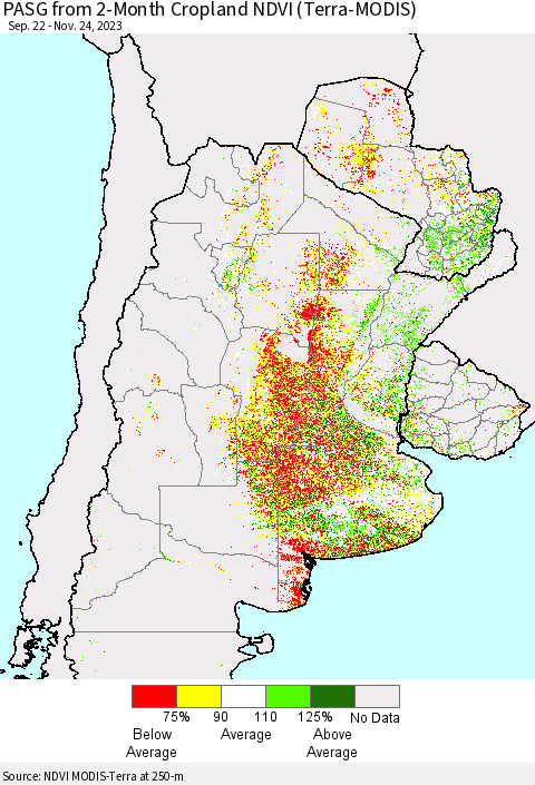 Southern South America PASG from 2-Month Cropland NDVI (Terra-MODIS) Thematic Map For 11/17/2023 - 11/24/2023