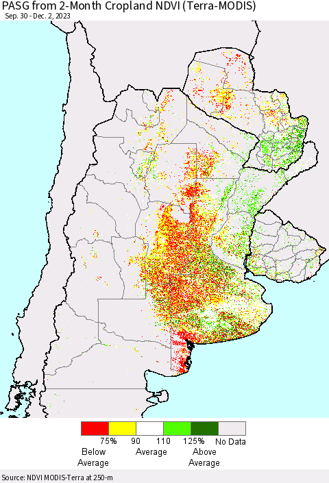 Southern South America PASG from 2-Month Cropland NDVI (Terra-MODIS) Thematic Map For 11/25/2023 - 12/2/2023