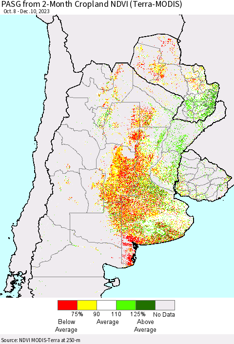 Southern South America PASG from 2-Month Cropland NDVI (Terra-MODIS) Thematic Map For 12/3/2023 - 12/10/2023