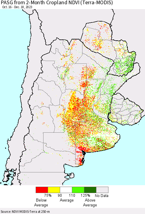 Southern South America PASG from 2-Month Cropland NDVI (Terra-MODIS) Thematic Map For 12/11/2023 - 12/18/2023