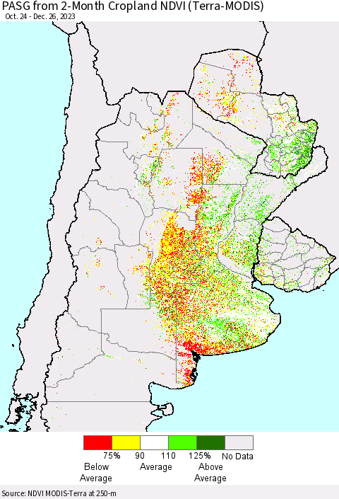 Southern South America PASG from 2-Month Cropland NDVI (Terra-MODIS) Thematic Map For 12/19/2023 - 12/26/2023