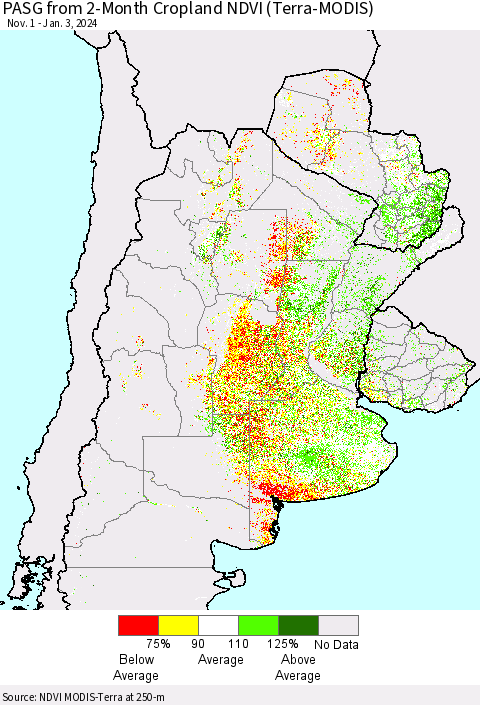 Southern South America PASG from 2-Month Cropland NDVI (Terra-MODIS) Thematic Map For 12/27/2023 - 1/3/2024