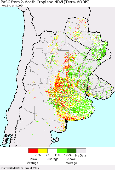 Southern South America PASG from 2-Month Cropland NDVI (Terra-MODIS) Thematic Map For 1/1/2024 - 1/8/2024
