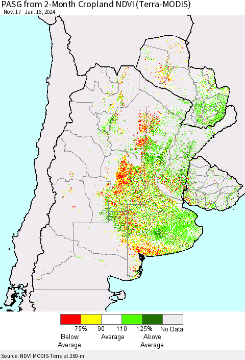 Southern South America PASG from 2-Month Cropland NDVI (Terra-MODIS) Thematic Map For 1/9/2024 - 1/16/2024