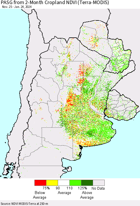 Southern South America PASG from 2-Month Cropland NDVI (Terra-MODIS) Thematic Map For 1/17/2024 - 1/24/2024