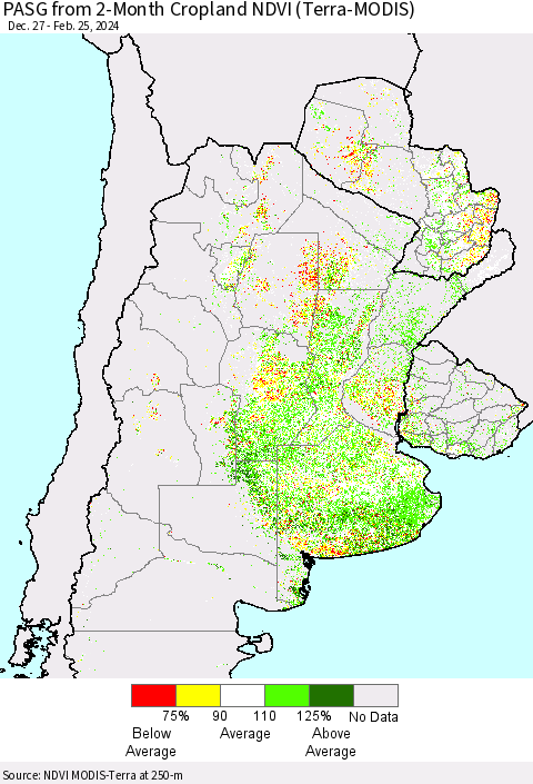 Southern South America PASG from 2-Month Cropland NDVI (Terra-MODIS) Thematic Map For 2/18/2024 - 2/25/2024