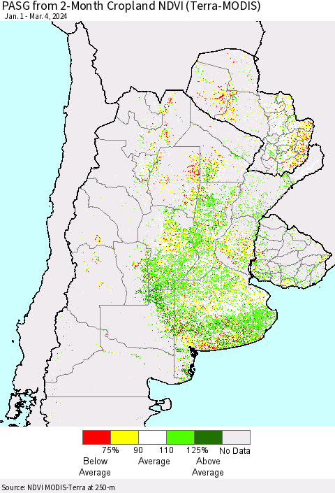 Southern South America PASG from 2-Month Cropland NDVI (Terra-MODIS) Thematic Map For 2/26/2024 - 3/4/2024