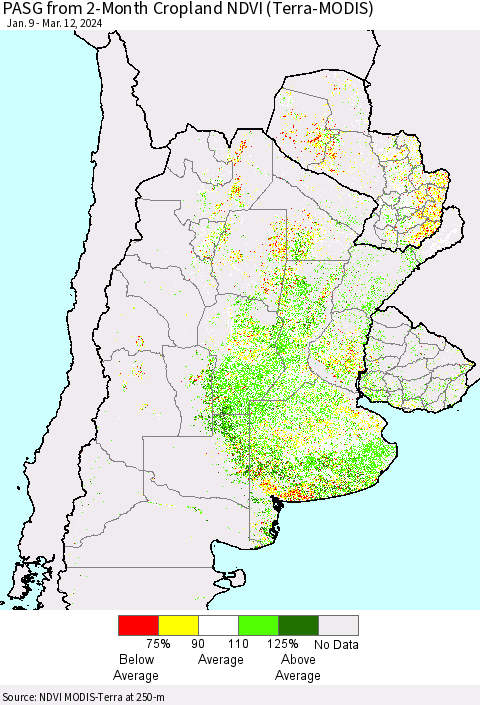Southern South America PASG from 2-Month Cropland NDVI (Terra-MODIS) Thematic Map For 3/5/2024 - 3/12/2024