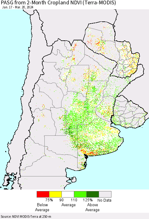 Southern South America PASG from 2-Month Cropland NDVI (Terra-MODIS) Thematic Map For 3/13/2024 - 3/20/2024