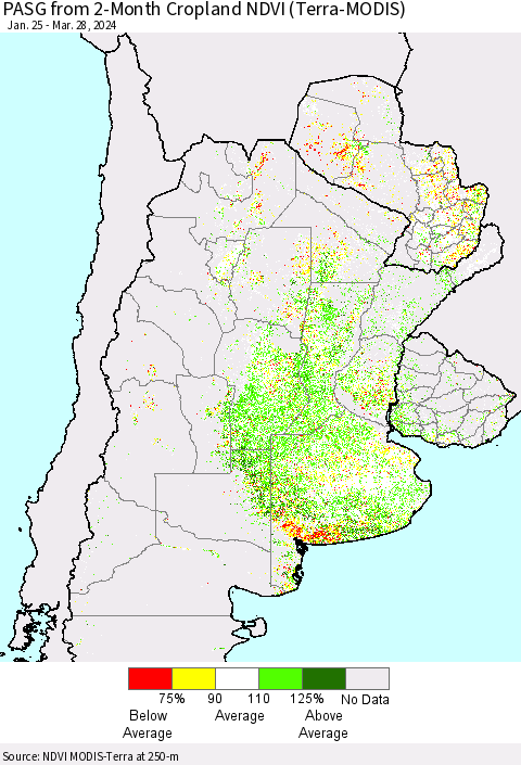 Southern South America PASG from 2-Month Cropland NDVI (Terra-MODIS) Thematic Map For 3/21/2024 - 3/28/2024