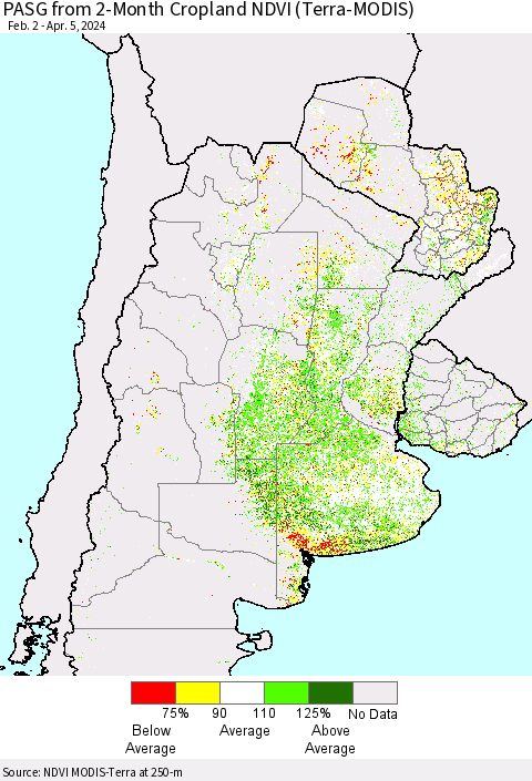 Southern South America PASG from 2-Month Cropland NDVI (Terra-MODIS) Thematic Map For 3/29/2024 - 4/5/2024