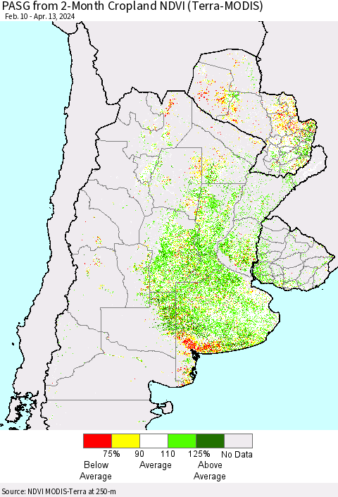 Southern South America PASG from 2-Month Cropland NDVI (Terra-MODIS) Thematic Map For 4/6/2024 - 4/13/2024
