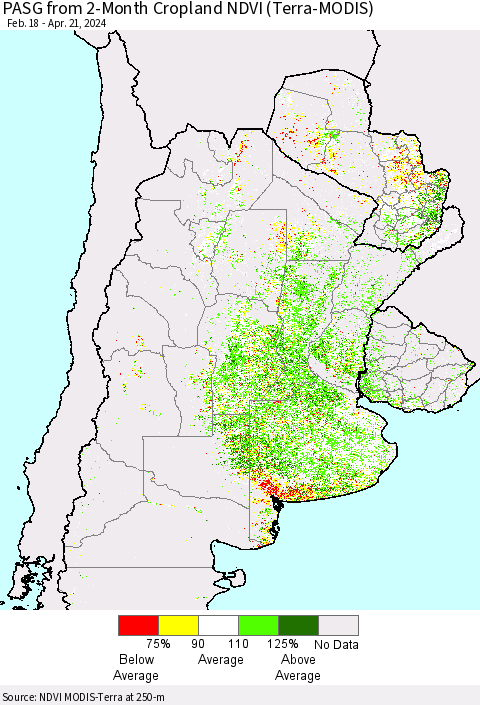 Southern South America PASG from 2-Month Cropland NDVI (Terra-MODIS) Thematic Map For 4/14/2024 - 4/21/2024