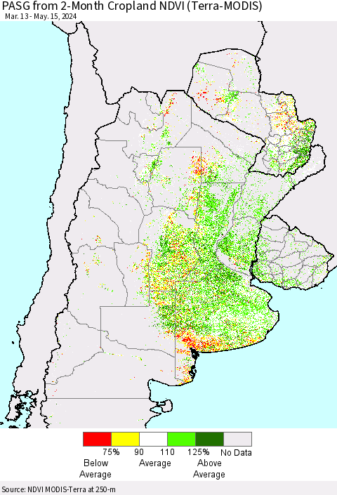 Southern South America PASG from 2-Month Cropland NDVI (Terra-MODIS) Thematic Map For 5/8/2024 - 5/15/2024