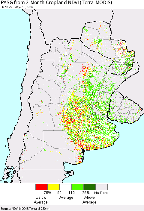 Southern South America PASG from 2-Month Cropland NDVI (Terra-MODIS) Thematic Map For 5/24/2024 - 5/31/2024