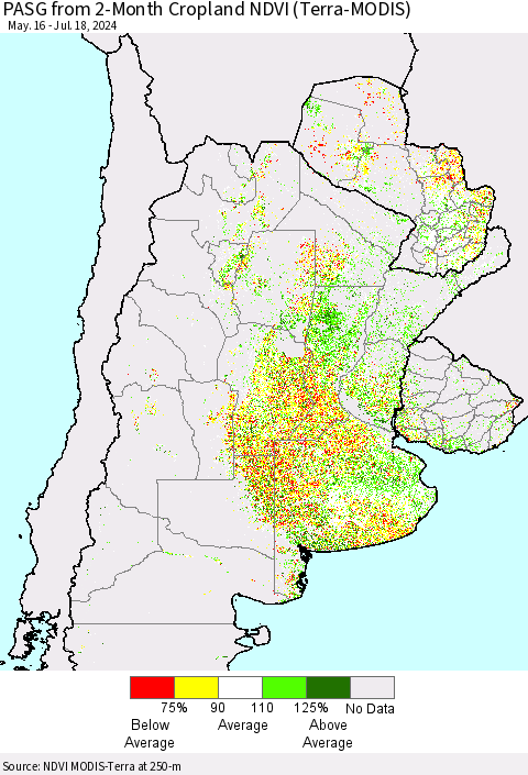 Southern South America PASG from 2-Month Cropland NDVI (Terra-MODIS) Thematic Map For 7/11/2024 - 7/18/2024