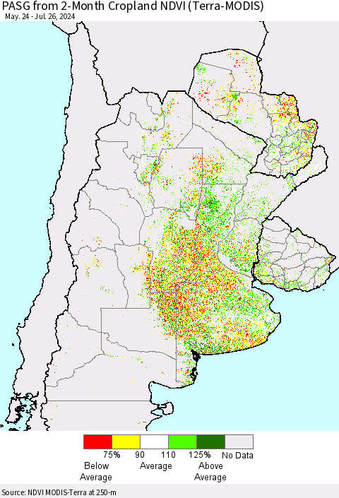 Southern South America PASG from 2-Month Cropland NDVI (Terra-MODIS) Thematic Map For 7/19/2024 - 7/26/2024