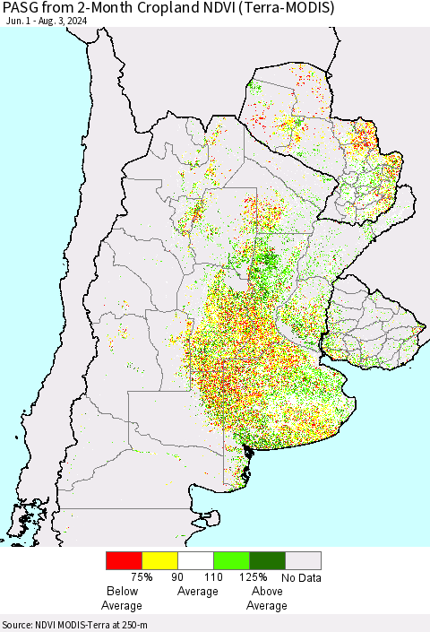 Southern South America PASG from 2-Month Cropland NDVI (Terra-MODIS) Thematic Map For 7/27/2024 - 8/3/2024