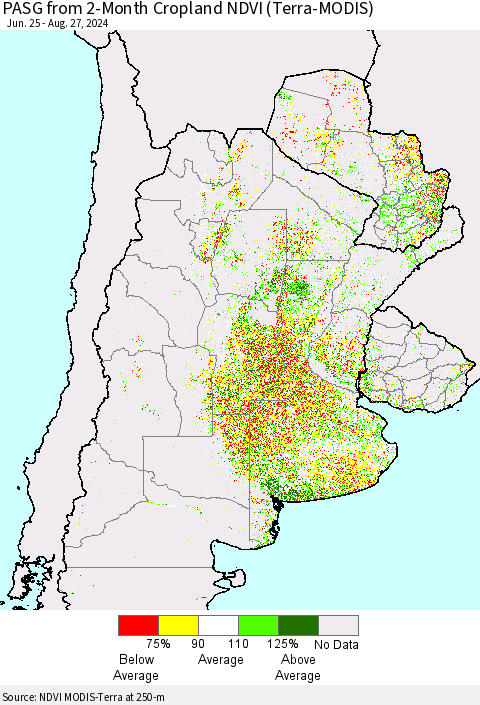 Southern South America PASG from 2-Month Cropland NDVI (Terra-MODIS) Thematic Map For 8/20/2024 - 8/27/2024