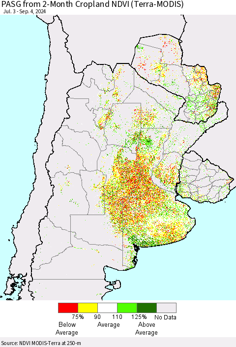 Southern South America PASG from 2-Month Cropland NDVI (Terra-MODIS) Thematic Map For 8/28/2024 - 9/4/2024