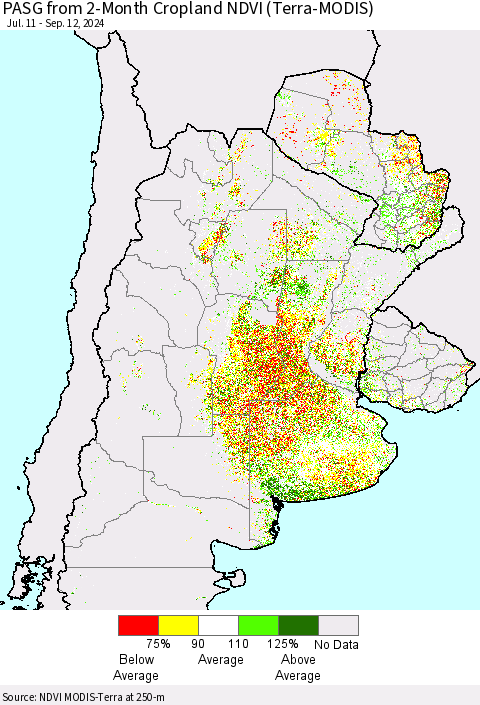 Southern South America PASG from 2-Month Cropland NDVI (Terra-MODIS) Thematic Map For 9/5/2024 - 9/12/2024