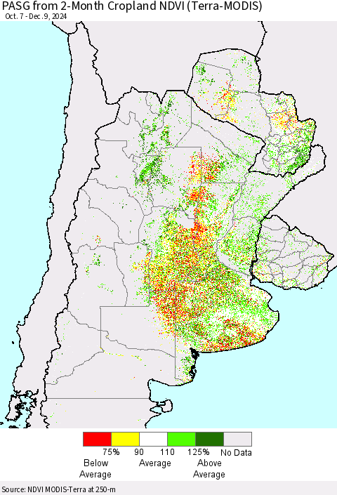 Southern South America PASG from 2-Month Cropland NDVI (Terra-MODIS) Thematic Map For 12/2/2024 - 12/9/2024