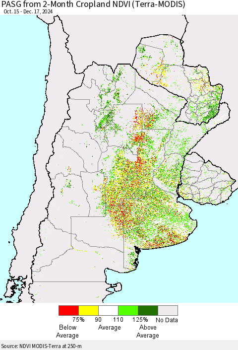 Southern South America PASG from 2-Month Cropland NDVI (Terra-MODIS) Thematic Map For 12/10/2024 - 12/17/2024