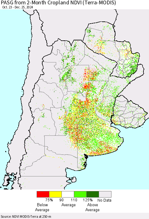 Southern South America PASG from 2-Month Cropland NDVI (Terra-MODIS) Thematic Map For 12/18/2024 - 12/25/2024