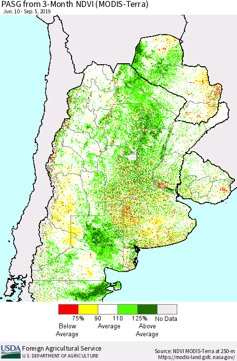 Southern South America PASG from 3-Month NDVI (Terra-MODIS) Thematic Map For 9/1/2019 - 9/10/2019