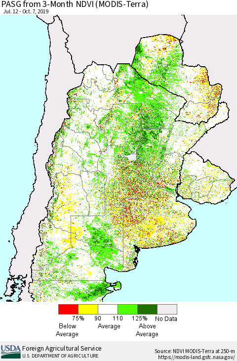 Southern South America PASG from 3-Month NDVI (Terra-MODIS) Thematic Map For 10/1/2019 - 10/10/2019