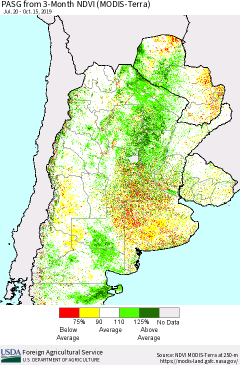 Southern South America PASG from 3-Month NDVI (Terra-MODIS) Thematic Map For 10/11/2019 - 10/20/2019