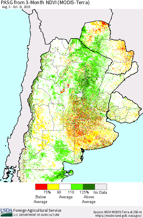 Southern South America PASG from 3-Month NDVI (Terra-MODIS) Thematic Map For 10/21/2019 - 10/31/2019