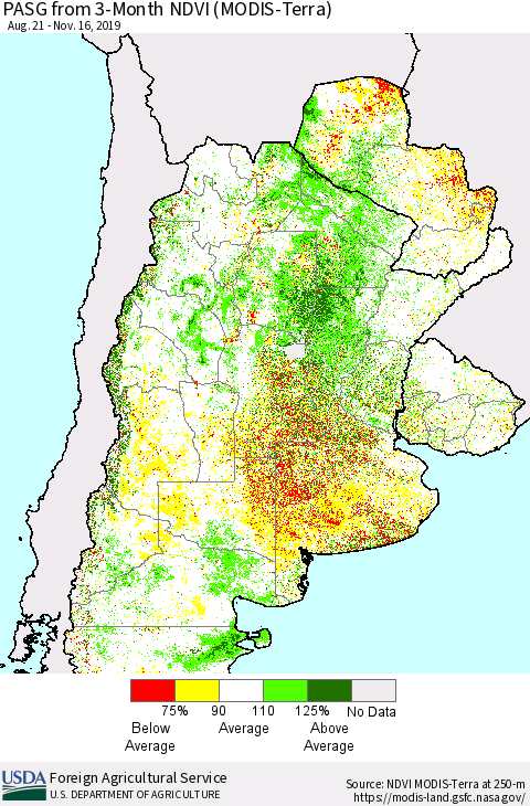 Southern South America PASG from 3-Month NDVI (Terra-MODIS) Thematic Map For 11/11/2019 - 11/20/2019