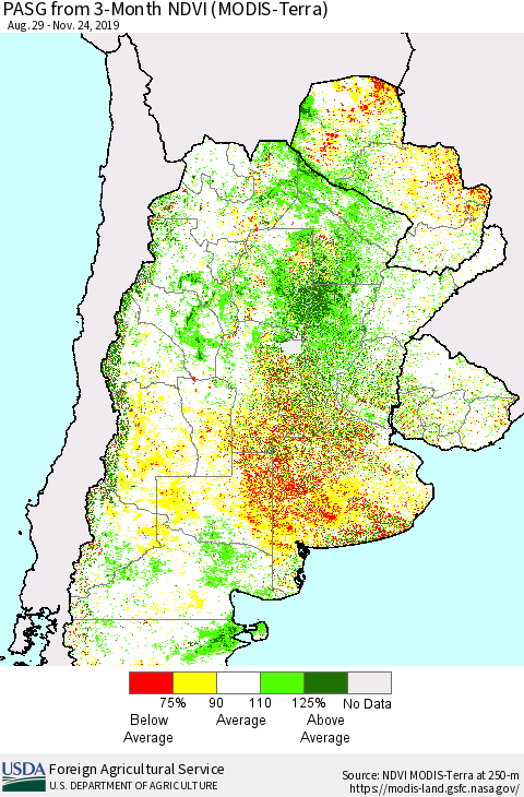 Southern South America PASG from 3-Month NDVI (Terra-MODIS) Thematic Map For 11/21/2019 - 11/30/2019