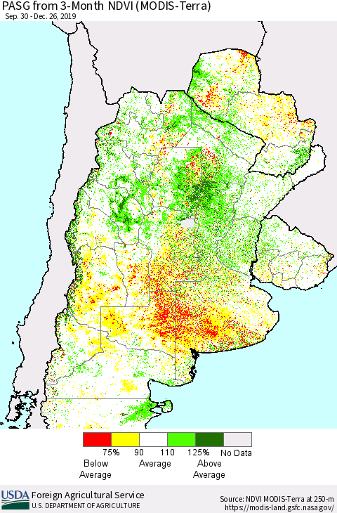 Southern South America PASG from 3-Month NDVI (Terra-MODIS) Thematic Map For 12/21/2019 - 12/31/2019