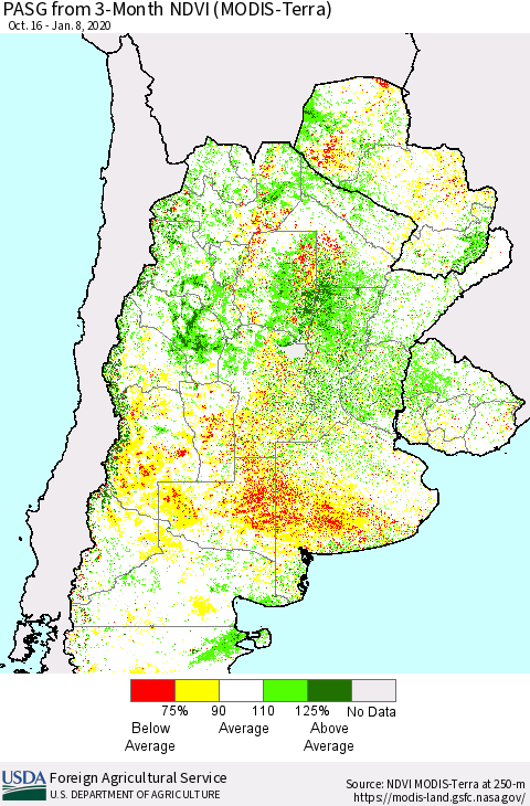 Southern South America PASG from 3-Month NDVI (Terra-MODIS) Thematic Map For 1/1/2020 - 1/10/2020