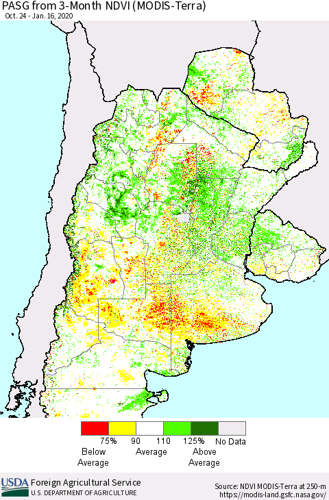 Southern South America PASG from 3-Month NDVI (Terra-MODIS) Thematic Map For 1/11/2020 - 1/20/2020