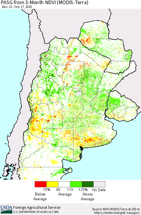 Southern South America PASG from 3-Month NDVI (Terra-MODIS) Thematic Map For 2/11/2020 - 2/20/2020