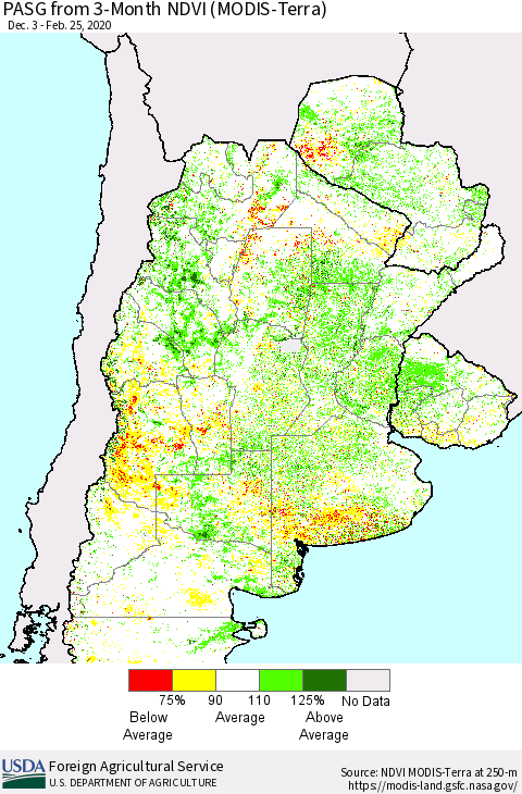 Southern South America PASG from 3-Month NDVI (Terra-MODIS) Thematic Map For 2/21/2020 - 2/29/2020