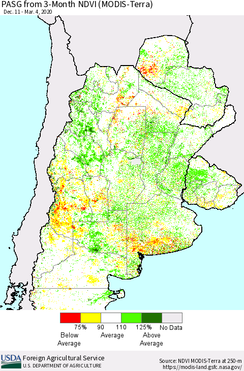 Southern South America PASG from 3-Month NDVI (Terra-MODIS) Thematic Map For 3/1/2020 - 3/10/2020