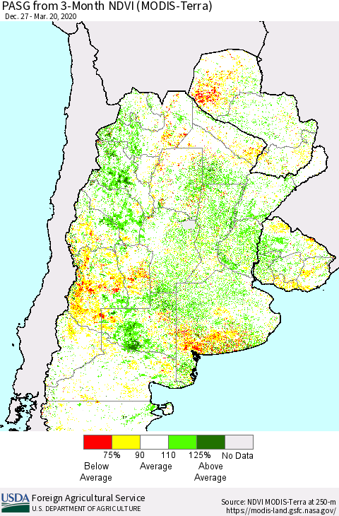 Southern South America PASG from 3-Month NDVI (Terra-MODIS) Thematic Map For 3/11/2020 - 3/20/2020