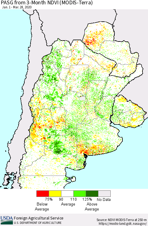 Southern South America PASG from 3-Month NDVI (Terra-MODIS) Thematic Map For 3/21/2020 - 3/31/2020