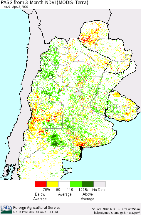 Southern South America PASG from 3-Month NDVI (Terra-MODIS) Thematic Map For 4/1/2020 - 4/10/2020